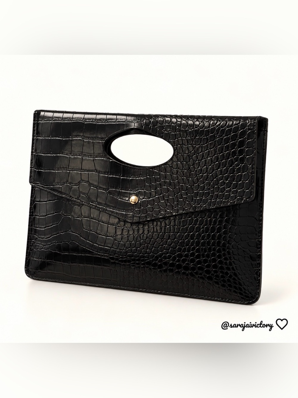 Black Croc-Embossed Envelope Clutch with Cutout Handle